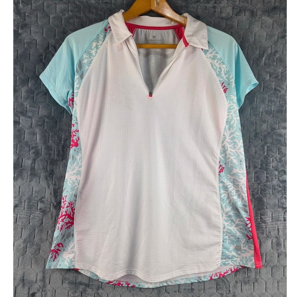 Bette & Court Tops - Bette & Court Womens XL Golf Polo Shirt White Aqua Pink Coral‎ Print 1/4 Zip Top